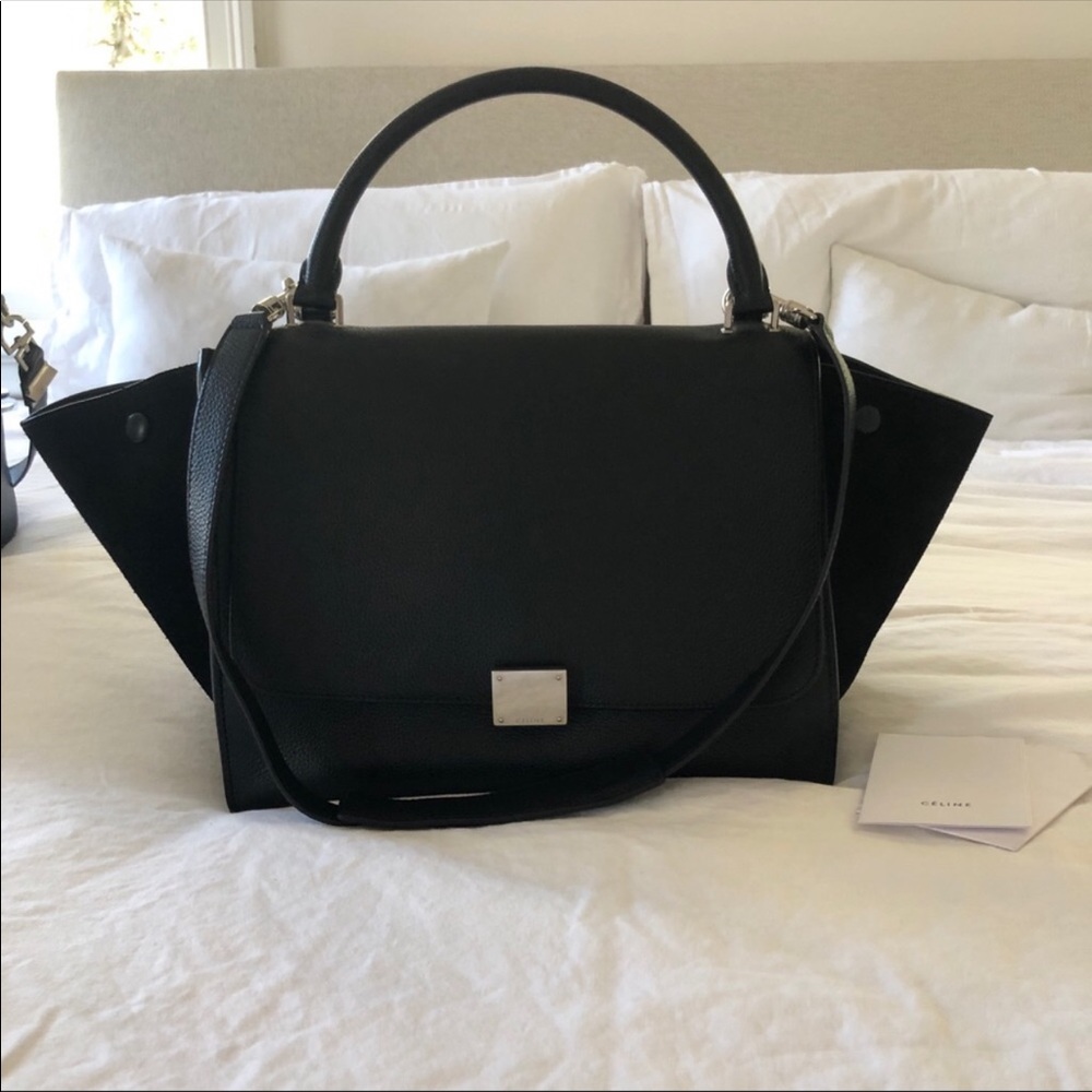 Celine Black Leather Top Handle Shoulder Bag with Suede Wings - Picture 2 of 7